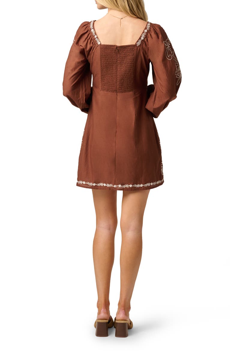 Embroidered Long Sleeve Minidress, Alternate, color, CHOCOLATE/ ECRU
