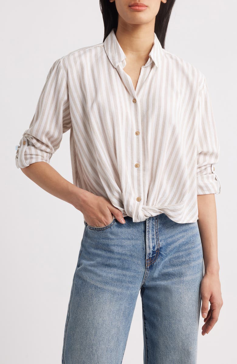 beachlunchlounge Vivica Stripe Twist Hem Button-Up Shirt, Main, color, Sugar Almond