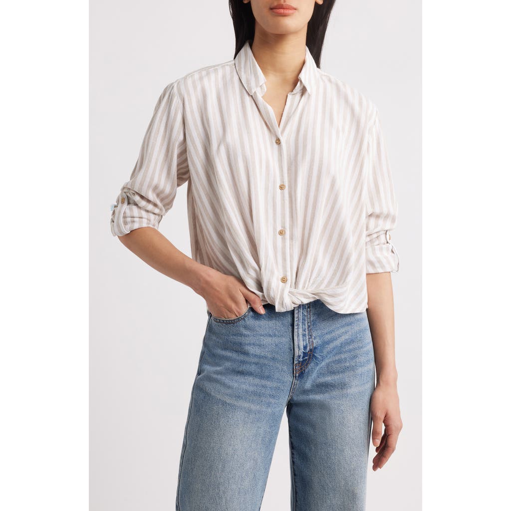 Beachlunchlounge Vivica Stripe Twist Hem Button-up Shirt In Sugar Almond