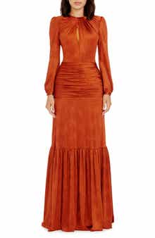 Dress the Population Lucille Pleated Ruched Long Sleeve Gown