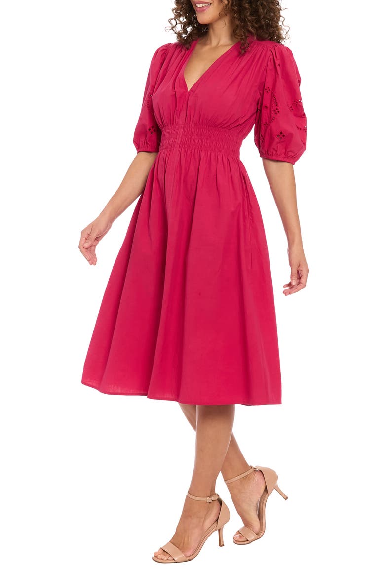 V-Neck Puff Sleeve Fit & Flare Dress, Alternate, color, DARK CABERNET WINE
