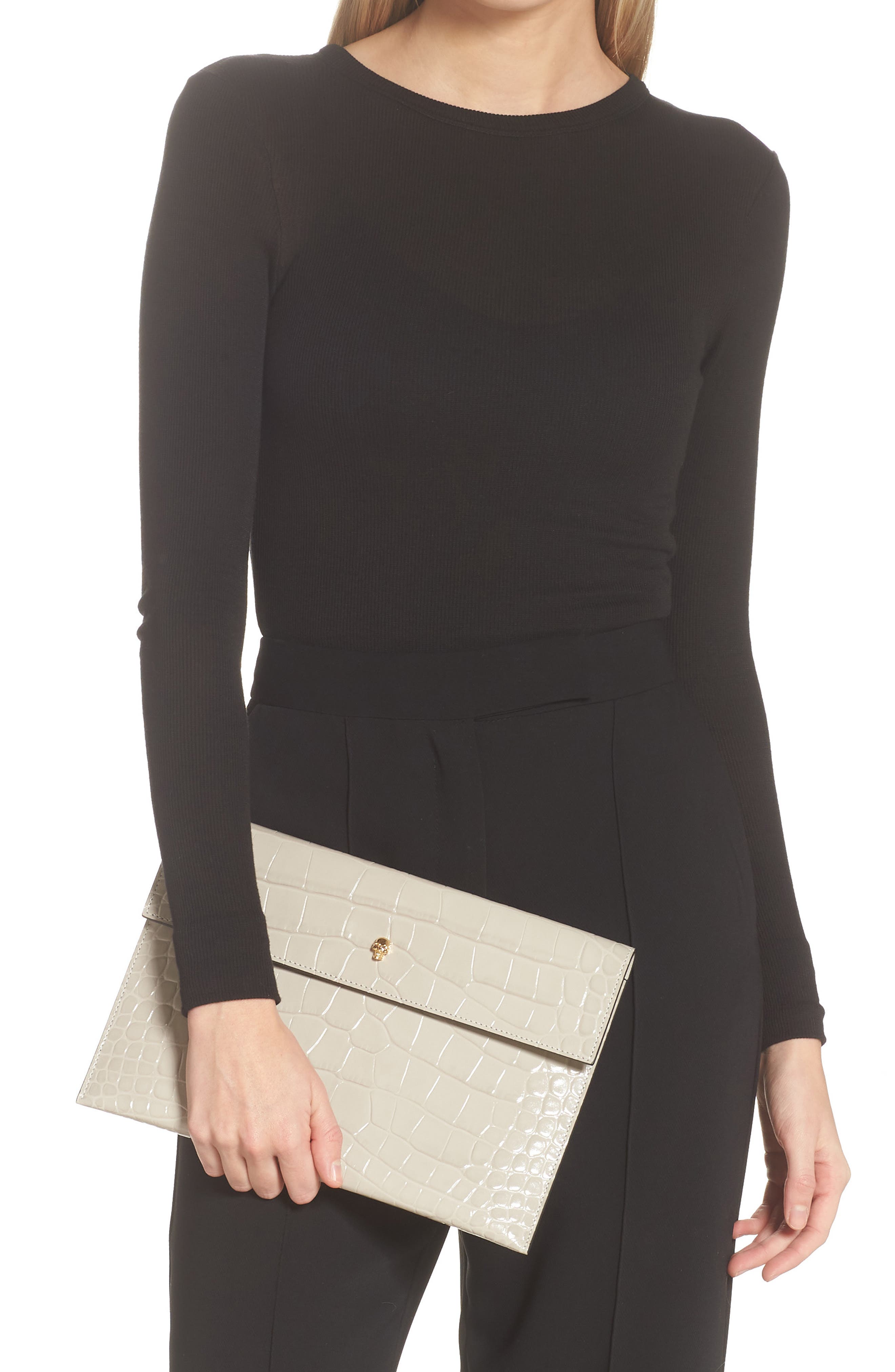 McQueen Alexander McQueen Croc Embossed Leather Envelope Clutch, Alternate, color, 