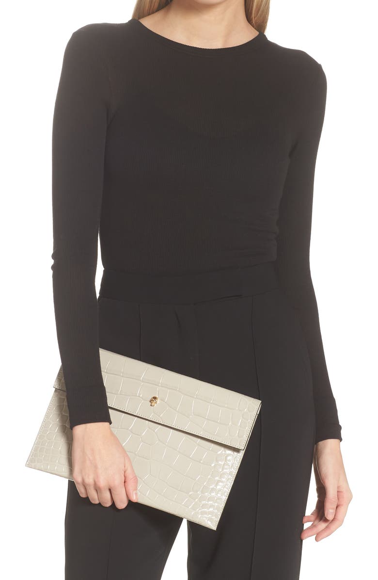 McQueen Alexander McQueen Croc Embossed Leather Envelope Clutch, Alternate, color,