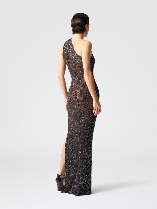Shop Missoni Long One-shoulder Ribbed Dress With Sequins And Slit In Black & Brown