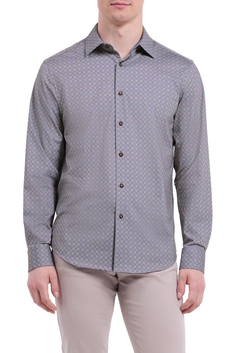 Bugatchi Jimmy OoohCotton<sup>®</sup> Geo Print Button-Up Shirt, Main, color, Sand