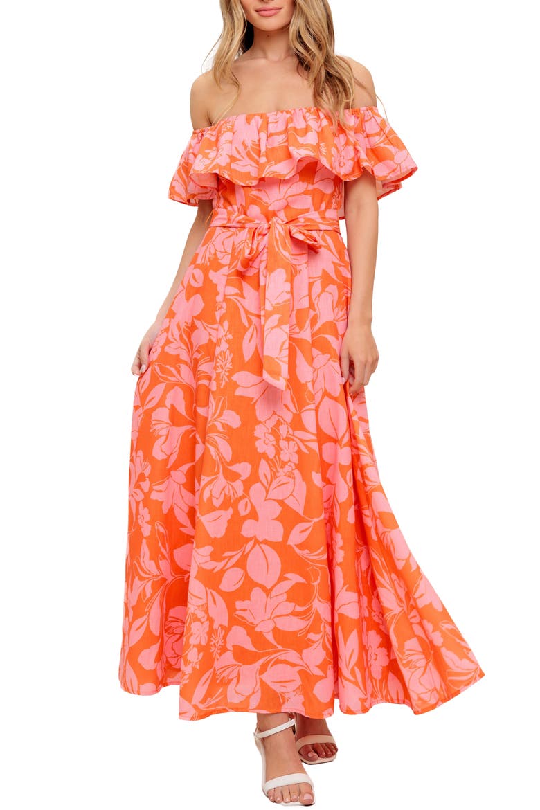 Floral Off the Shoulder Short Sleeve Maxi Dress, Main, color, ORANGE