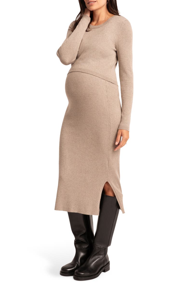 Seraphine Layered Rib Long Sleeve Maternity/Nursing Sweater Dress, Alternate, color, Open White