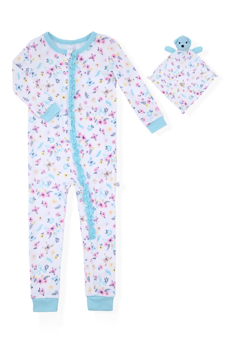 Fitted One-Piece Pajamas & Bear Blanket Toy, Main, color, BLUE