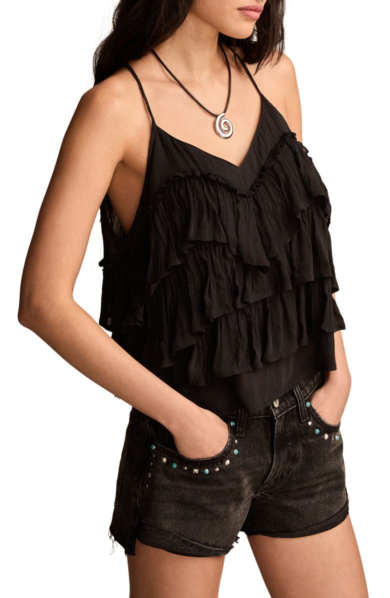Lucky Brand Plissé Tiered Ruffle Chiffon Tank, Alternate, color, Jet Black