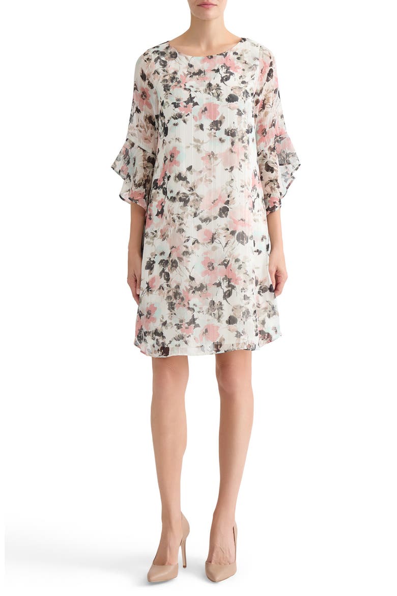 Metallic Floral Print Ruffle Shift Dress, Main, color, VANILLA ICE MULTI