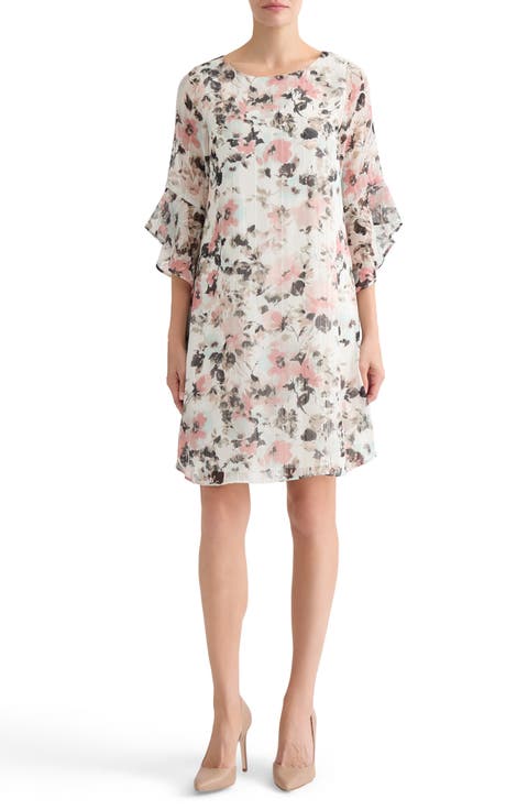 Metallic Floral Print Ruffle Shift Dress