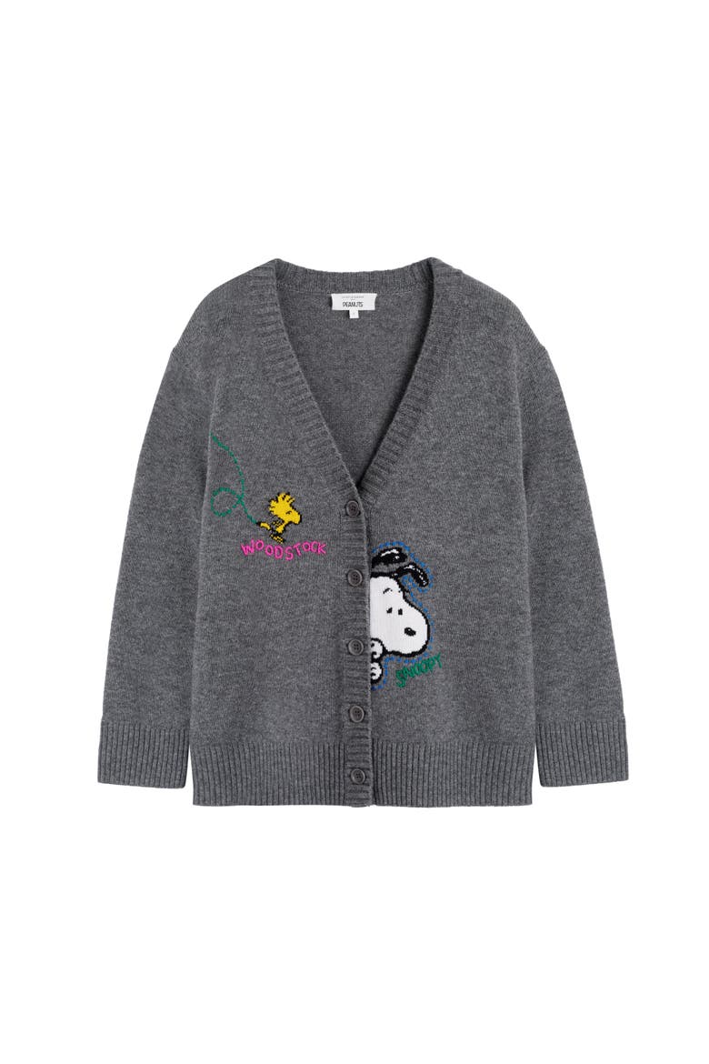 Wool-Cashmere Snoopy Embroidered Cardigan, Alternate, color, Grey