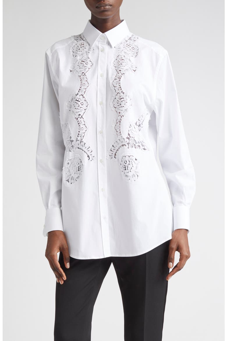 Cordonetto Lace Detail Poplin Button-Up Shirt, Main, color, W0800 BIANCO OTTICO