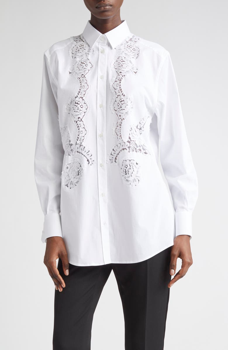 Dolce&Gabbana Cordonetto Lace Detail Poplin Button-Up Shirt, Main, color, W0800 Bianco Ottico