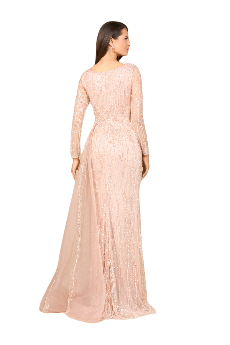 Long Sleeve V-Neck Gown with Drape, Alternate, color, Blush