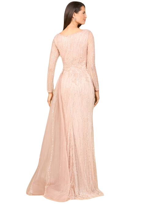 Lara New York Long Sleeve V-neck Gown With Drape In Blush