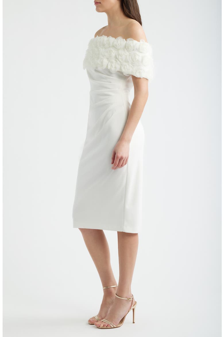 Floral Appliqué Detail Off the Shoulder Scuba Crepe Sheath Dress, Alternate, color, IVORY