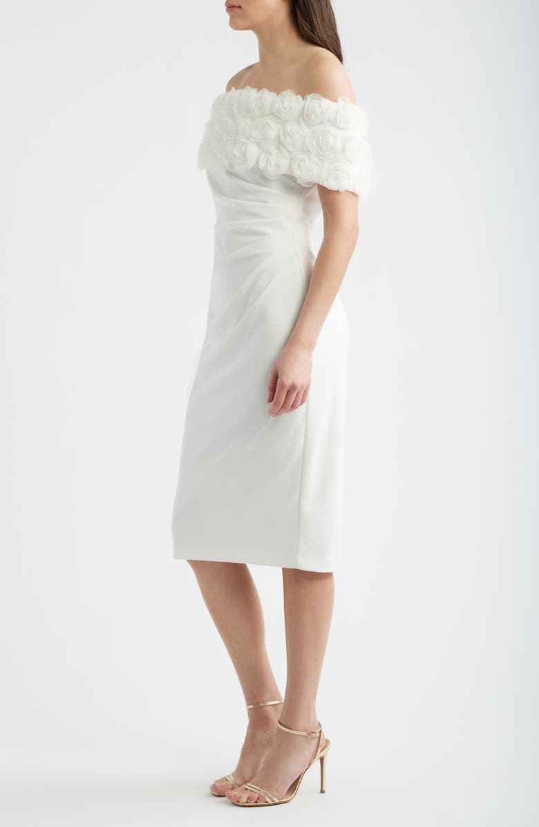 Eliza J Floral Appliqué Detail Off the Shoulder Scuba Crepe Sheath Dress, Alternate, color, Ivory