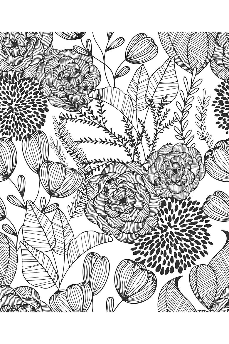Black Secret Garden Peel & Stick Wallpaper, Main, color, BLACK