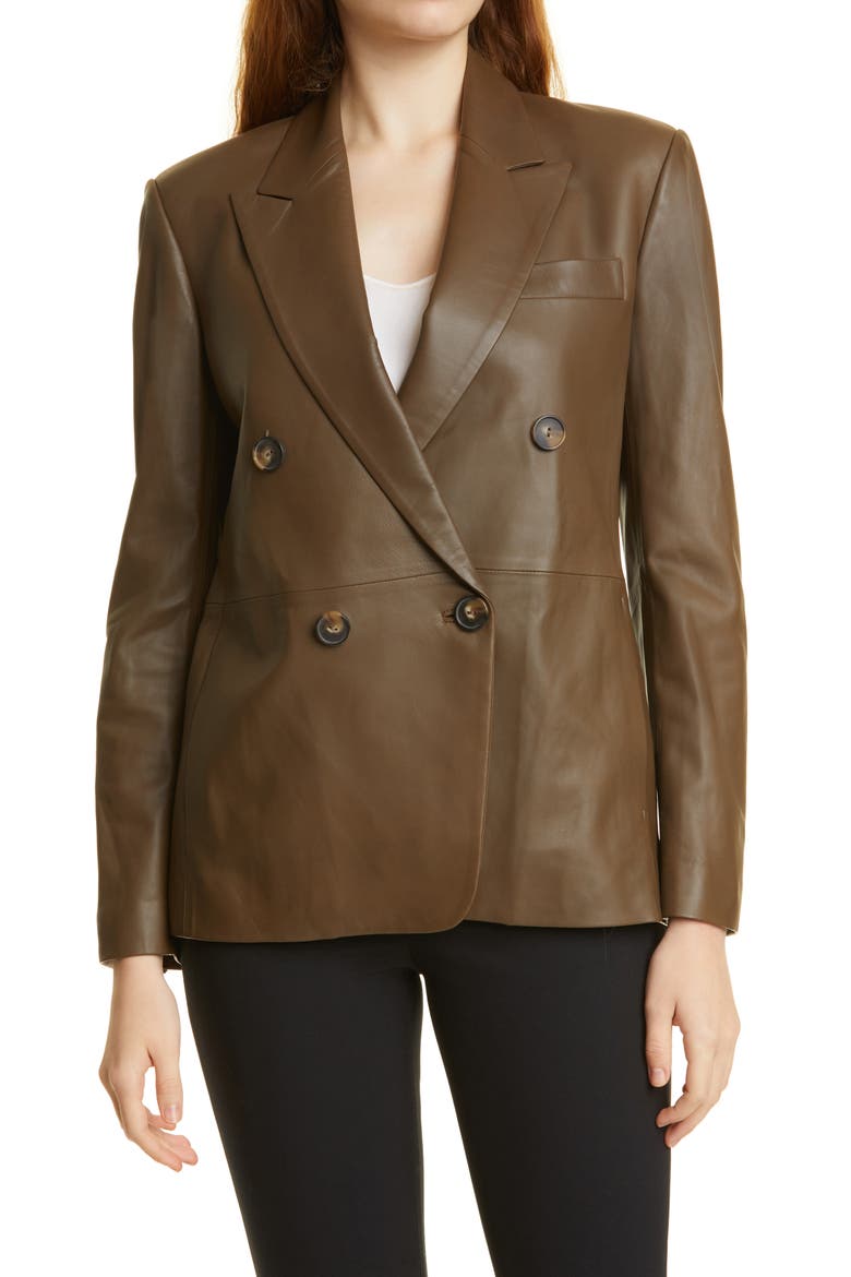 Double Breasted Leather Blazer, Main, color, OLIVEWOOD