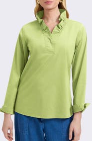 Foxcroft Tammy Ruffle Collar Cotton Blend Top