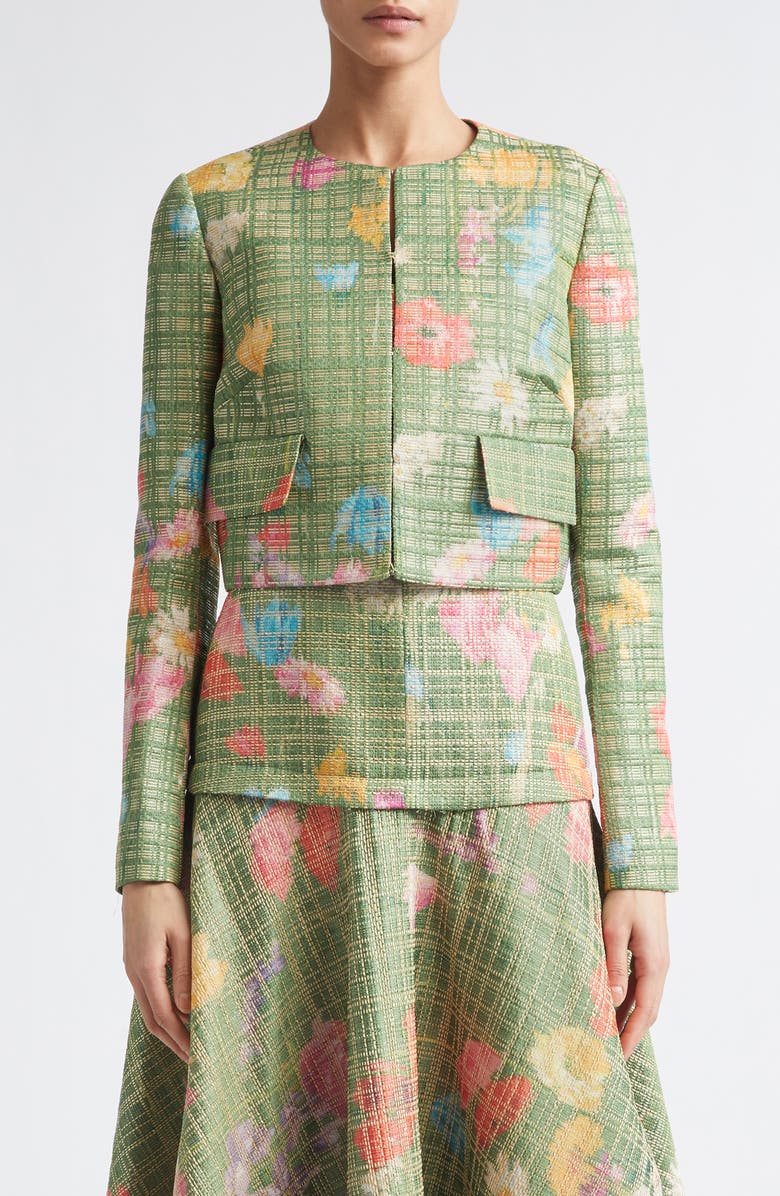 Lela Rose Floral Raffia Crop Blazer, Main, color, Cactus Multi