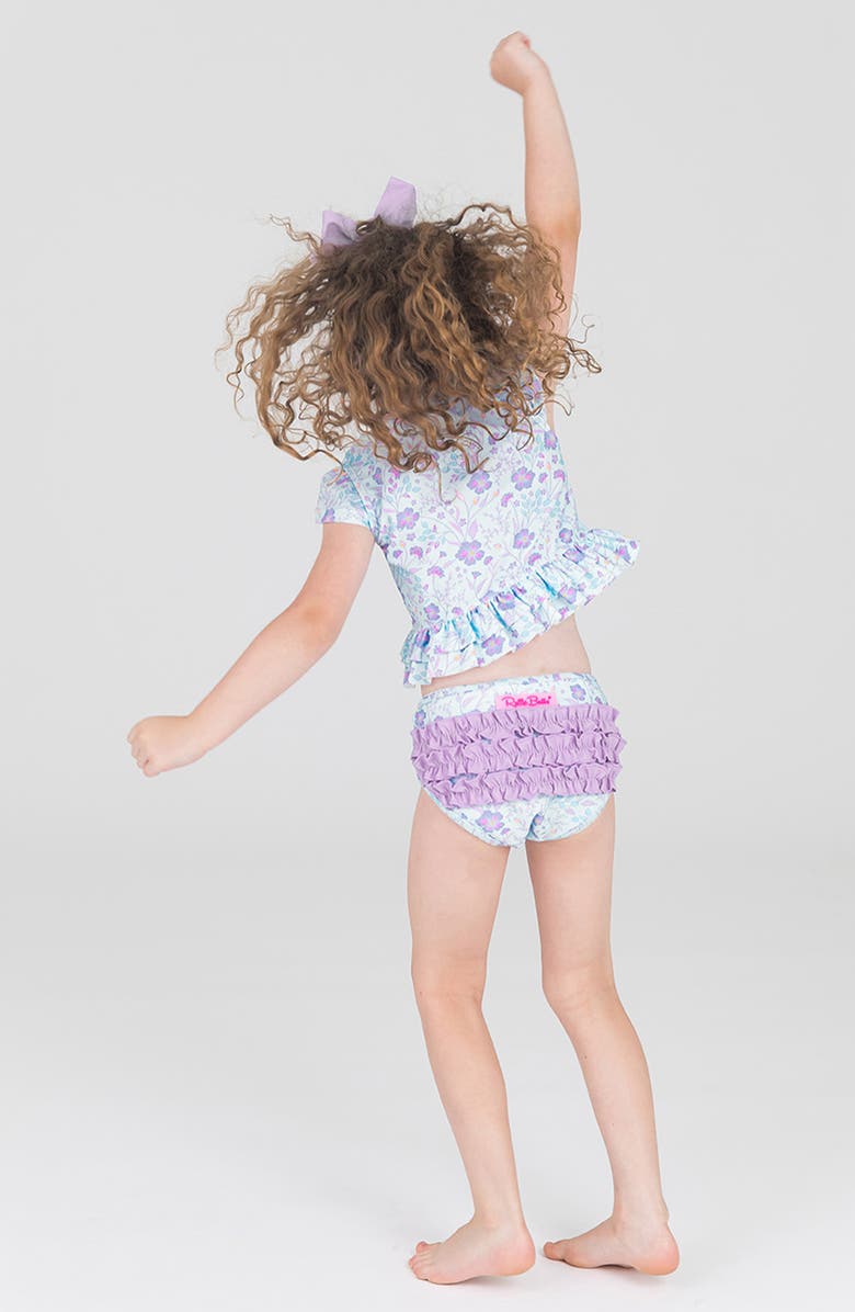 RuffleButts Kids' Floral Print Two-Piece Swimsuit & Bow Head Wrap Set, Alternate, color, 