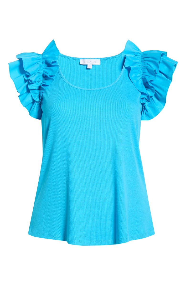 SUGARLIPS Ruffled Short Sleeve Mixed Media Top, Alternate, color, Cerulean-Blue