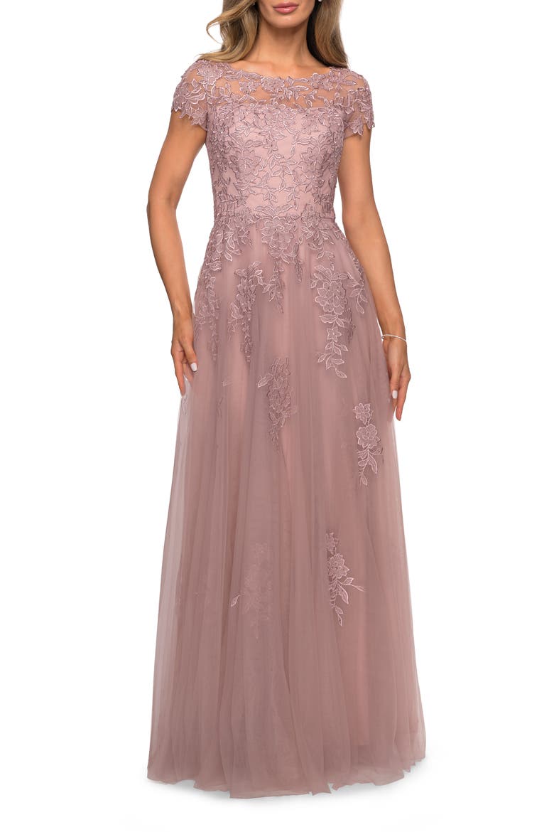 Beaded Lace Rhinestone A-line Evening Gown, Main, color, Mauve
