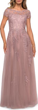 La Femme Beaded Lace Rhinestone A-line Evening Gown