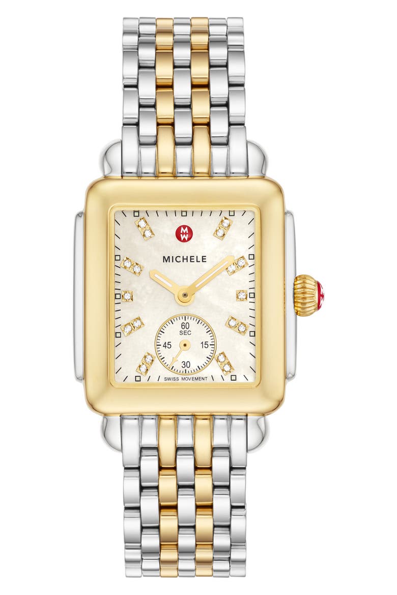 Deco Mid Diamond Dial Bracelet Watch, 28mm x 30mm, Main, color, GOLD/ MOP