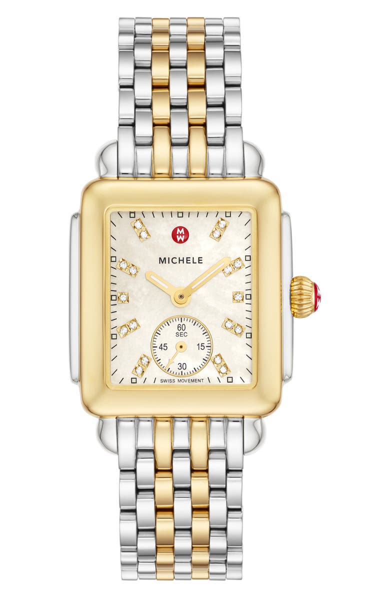MICHELE Deco Mid Diamond Dial Bracelet Watch, 28mm x 30mm, Main, color, Gold/ Mop