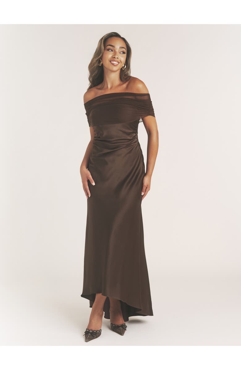 Six Stories Bardot Detail Satin Midaxi Dress, Main, color, Mocha
