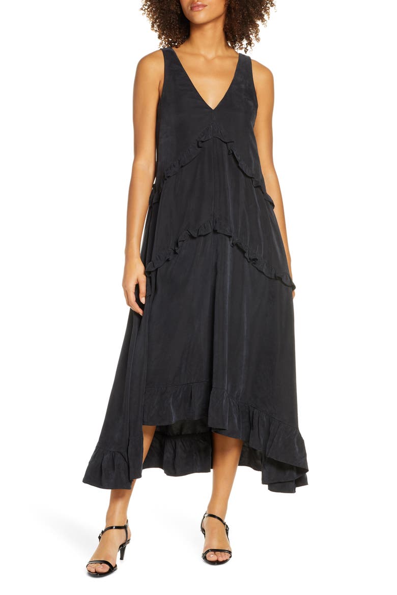 Maise Ruffle High/Low Dress, Main, color, ONYX BLACK