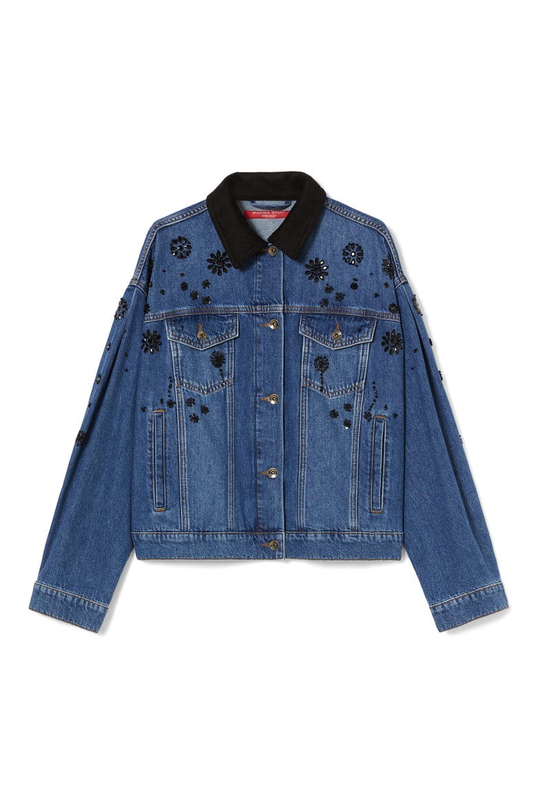 Quiete Rhinestone Detail Denim Trucker Jacket, Alternate, color, NAVY