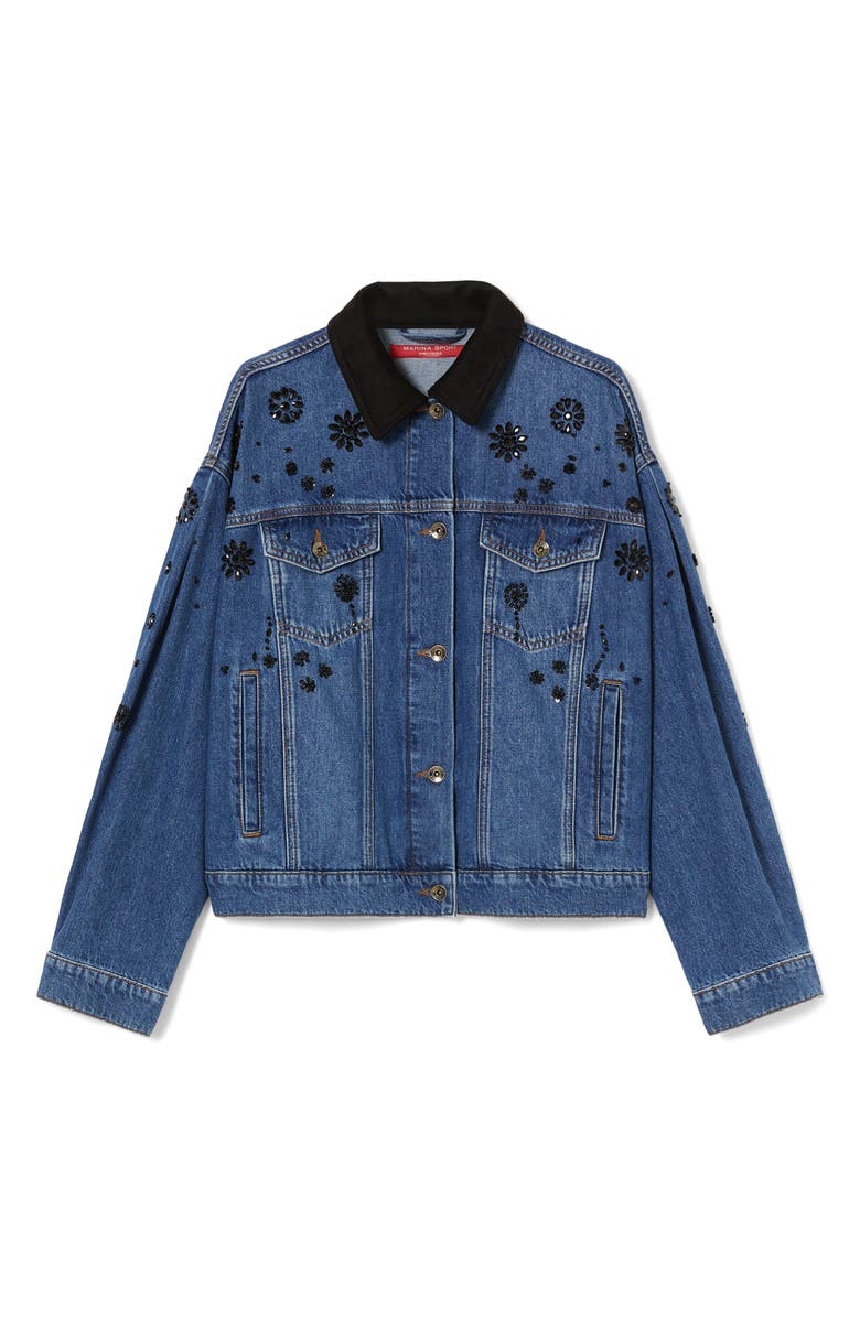 Marina Rinaldi Quiete Rhinestone Detail Denim Trucker Jacket, Alternate, color, Navy