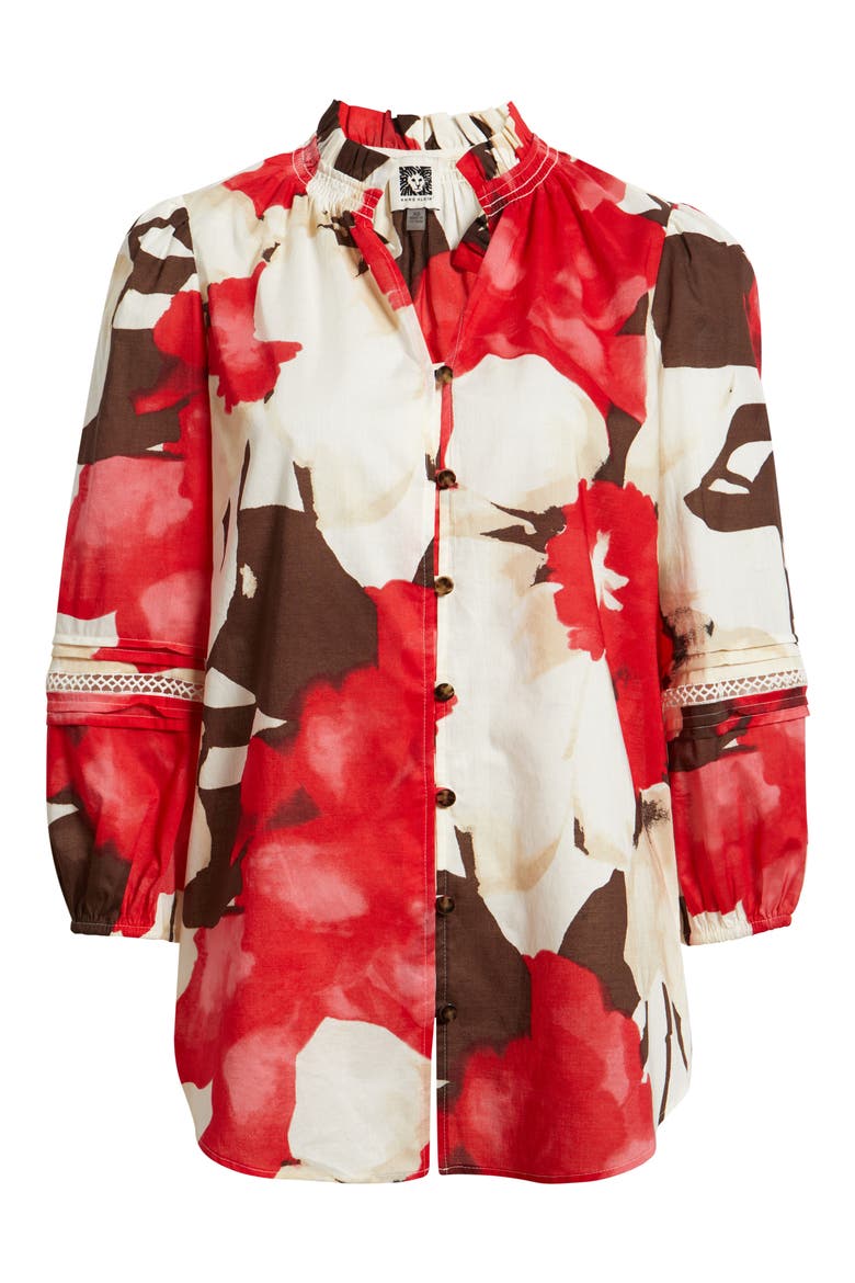 Ruffle Neck Cotton Button-Up Shirt, Alternate, color, WHITE DOVE MULTI
