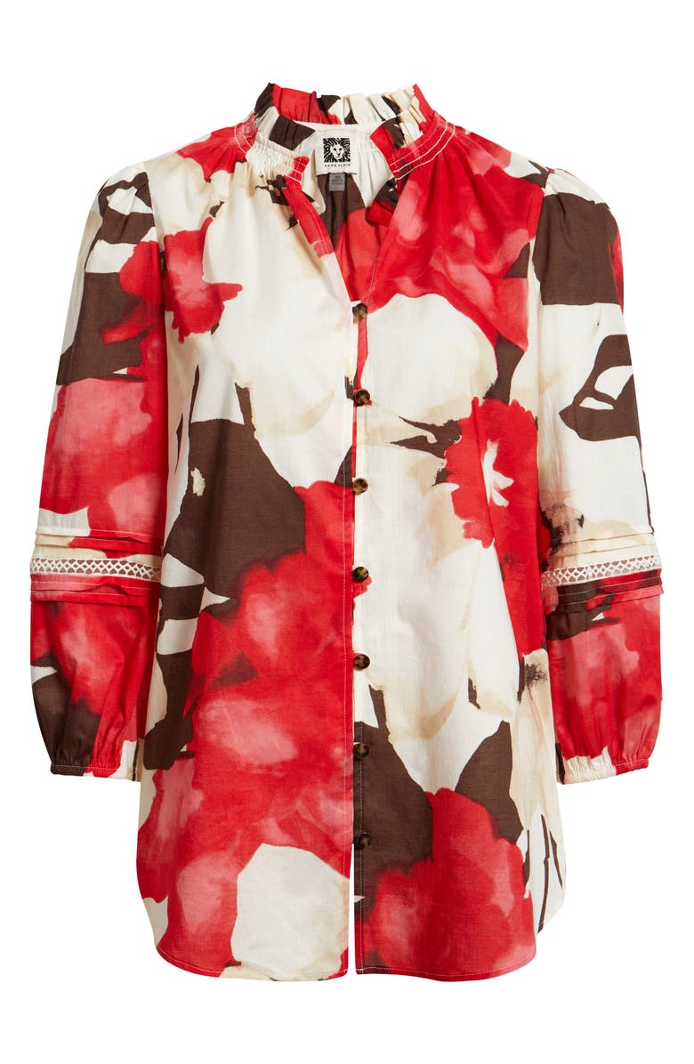 Anne Klein Ruffle Neck Cotton Button-Up Shirt, Alternate, color, White Dove Multi