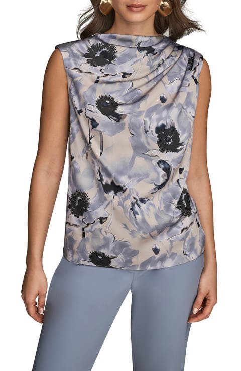Floral Draped Sleeveless Cowl Neck Top