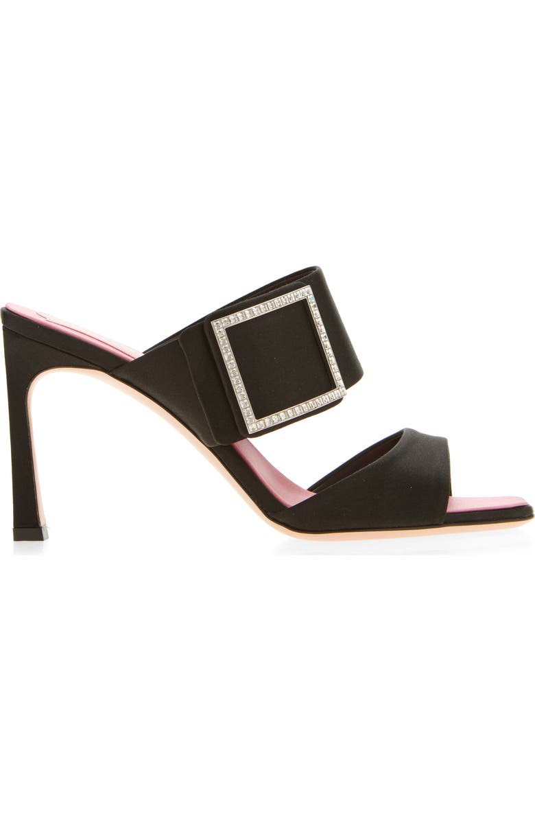Roger Vivier Trompette Crystal Buckle Satin Sandal, Alternate, color, Nero