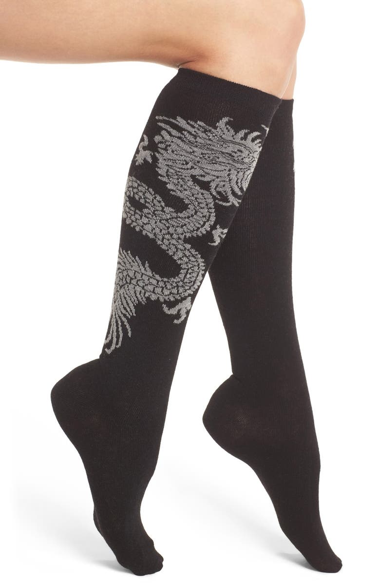Natori Dragon Pattern Knee High Socks, Main, color, 
