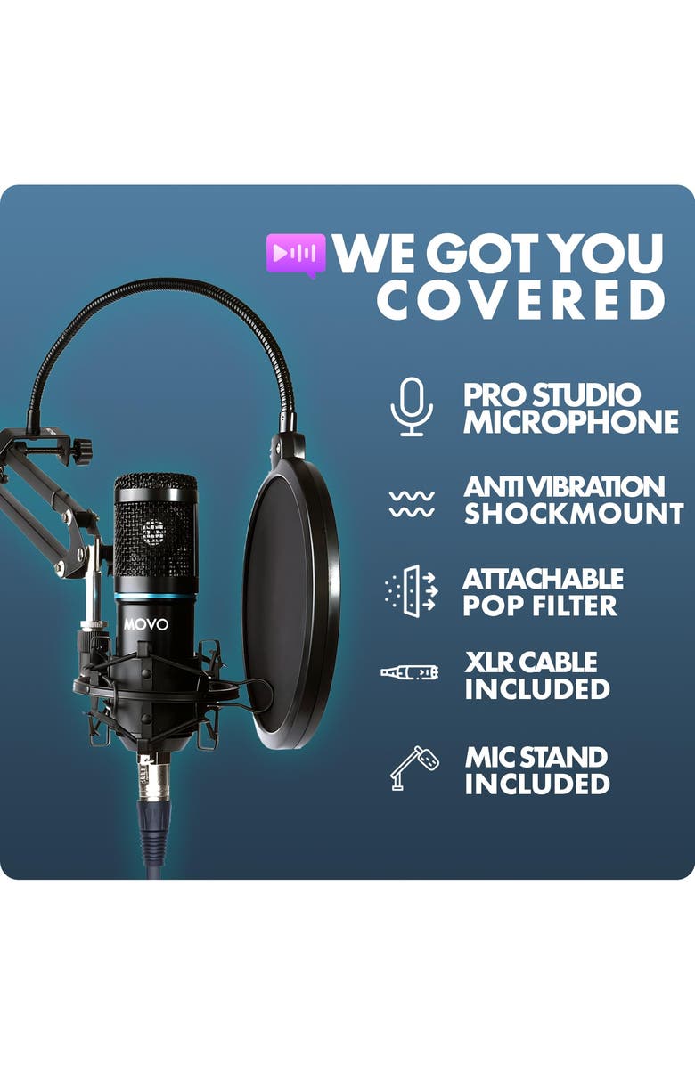 MOVO 4-Pack Universal Cardioid Podcasting Microphone Bundle with Articulating Scissor Arm and Pop Filter for XLR Outputs, Alternate, color, Black