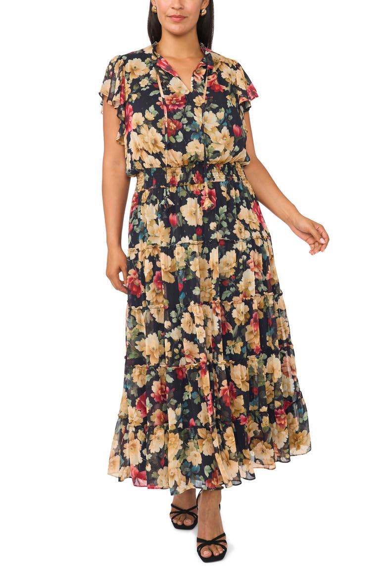 Metallic Floral Midi Dress, Main, color, RICH BLACK