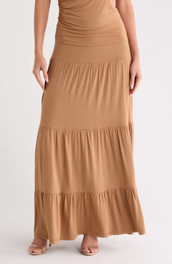 Renee C Tiered Jersey Maxi Skirt in Caramel at Nordstrom Rack, Size Large