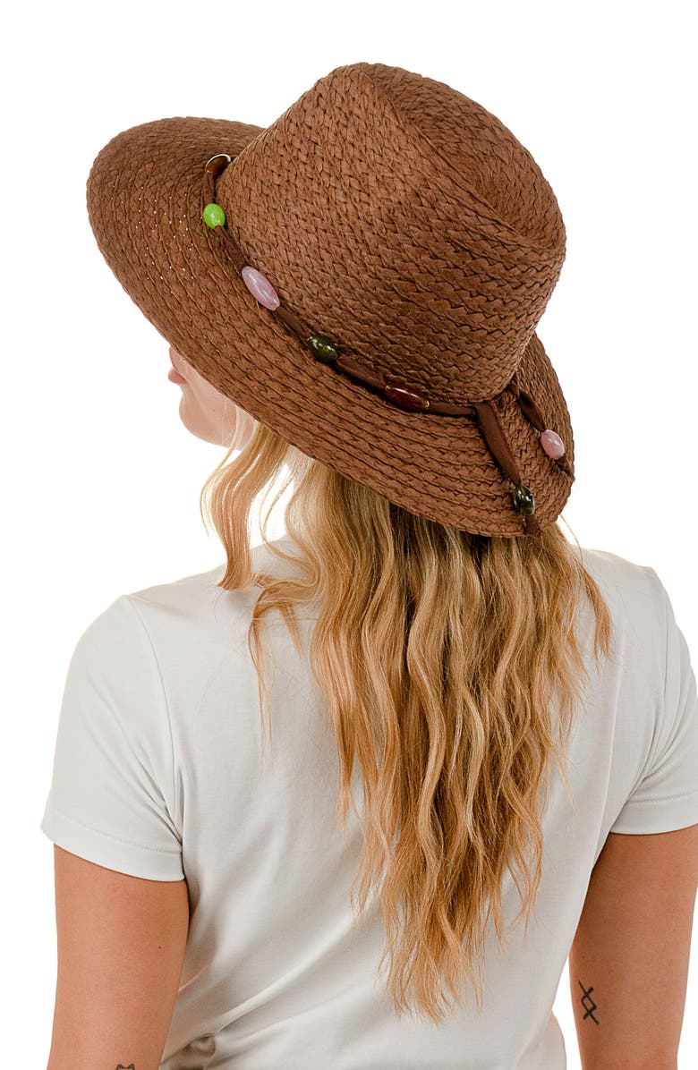 Nicole Miller Beaded Trim Panama Hat, Alternate, color, Brown