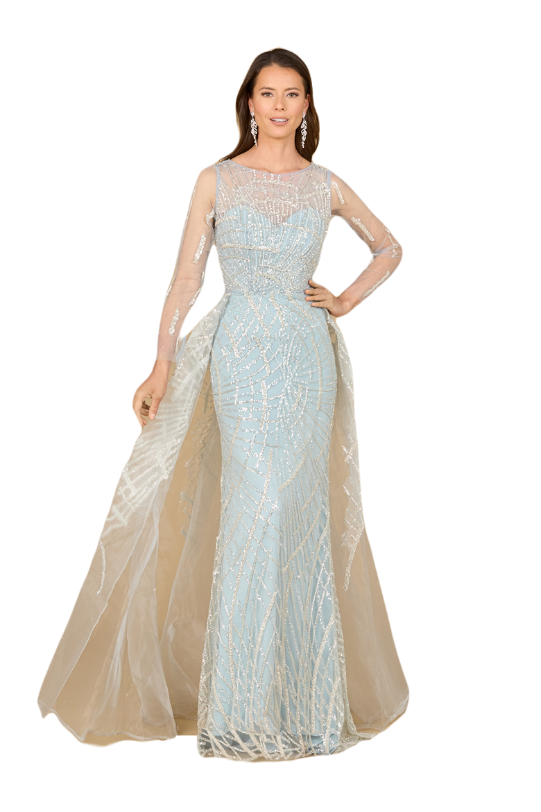 Long Sleeve Lace Gown with Tulle Overskirt, Main, color, Frost