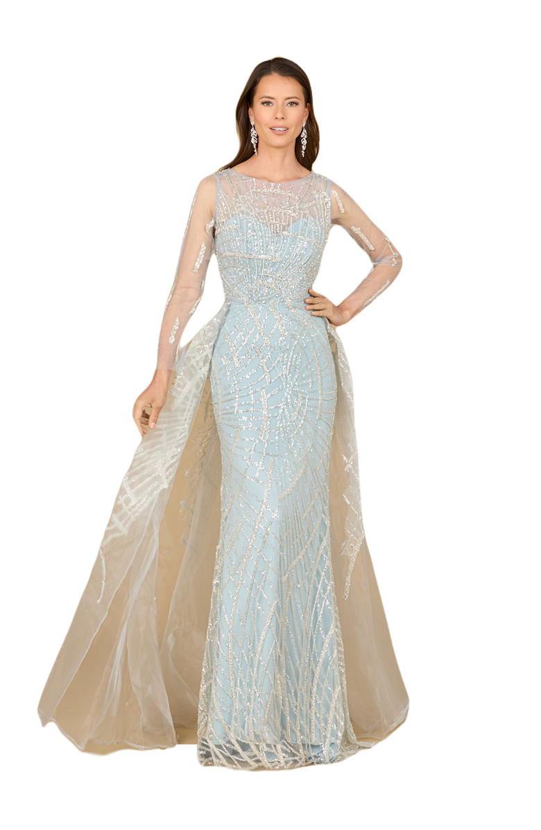 LARA New York Long Sleeve Lace Gown with Tulle Overskirt, Main, color, Frost