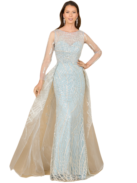 Long Sleeve Lace Gown with Tulle Overskirt