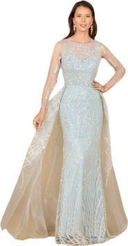 LARA New York Long Sleeve Lace Gown with Tulle Overskirt