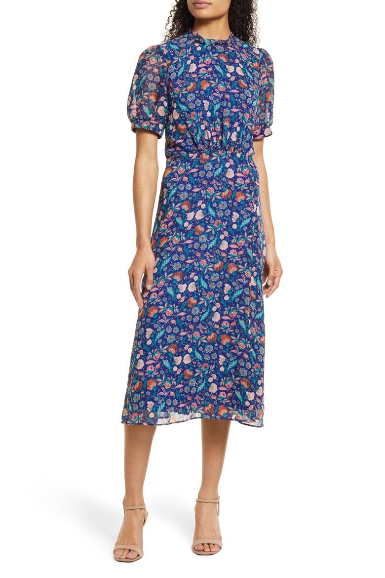 Floral Print Puff Sleeve Midi Dress, Main, color, NAVY MULTI